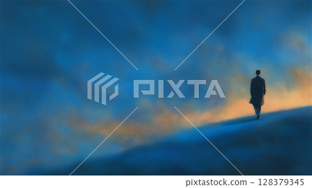 The back view of a man walking in the morning glow and the sky that gives a sense of hope 128379345