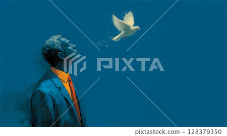 象徵性的數位插圖，描繪一名男子的側面像，仰望藍色背景上的白鴿 128379350
