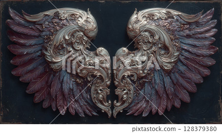 A gorgeous pair of vintage wings with reddish purple feathers and curved decorations. 128379380