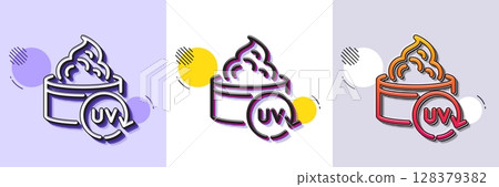 Uv protection cream line icon. Halftone dotted pattern. Gradient icon with grain shadow. Skin care sign. Cosmetic lotion symbol. Line uv protection icon. Various designs. Vector 128379382