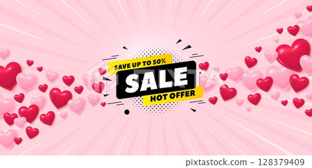 Sale 50 percent love banner with 3d hearts. Sunburst flare background. Sale 50 percent off banner. Discount sticker shape. Coupon tag icon. Valentines day greeting card. Vector Sale 50 percent love banner with 3d hearts. Sunburst flare background. Sale 50 percent off banner. Discount sticker shape. Coupon tag icon. Valentines day greeting card. Vector 128379409