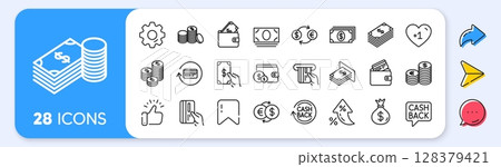 Money line icons. Interest rate, AI generate, Inflation icons. Set of Banking, Wallet and Coins icons. Credit card, Currency exchange and Cashback money service. Vector Money line icons. Interest rate, AI generate, Inflation icons. Set of Banking, Wallet and Coins icons. Credit card, Currency exchange and Cashback money service. Vector 128379421