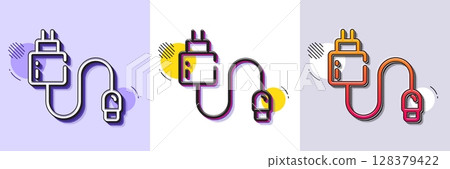 Charging cable line icon. Halftone dotted pattern. Gradient icon with grain shadow. Mobile accessories sign. Charge adapter symbol. Line charging cable icon. Various designs. Vector 128379422