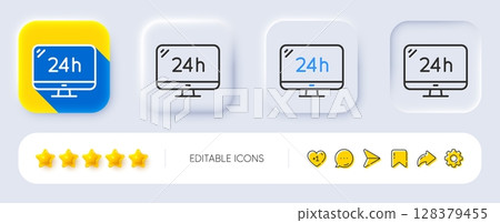 24 hour service line icon. Neumorphic, Flat shadow, 3d buttons. Call support sign. Feedback chat symbol. Line 24h service icon. Social media icons. Vector 24 hour service line icon. Neumorphic, Flat shadow, 3d buttons. Call support sign. Feedback chat symbol. Line 24h service icon. Social media icons. Vector 128379455