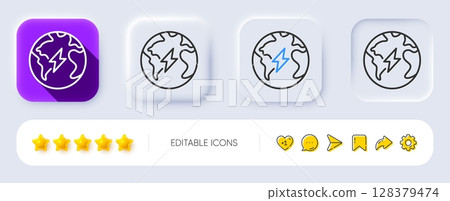Electricity line icon. Neumorphic, Flat shadow, 3d buttons. Electric power energy sign. Lightning bolt symbol. Line electricity icon. Social media icons. Vector 128379474