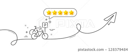 Bicycle parking line icon. Continuous line with share plane. City bike transport sign. Outdoor transportation symbol. Five star rate review in speech bubble. Bicycle parking single line ribbon. Vector Bicycle parking line icon. Continuous line with share plane. City bike transport sign. Outdoor transportation symbol. Five star rate review in speech bubble. Bicycle parking single line ribbon. Vector 128379484