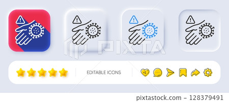 Wash hand line icon. Neumorphic, Flat shadow, 3d buttons. Dont touch warning sign. Hygiene notification symbol. Line wash hand icon. Social media icons. Vector 128379491