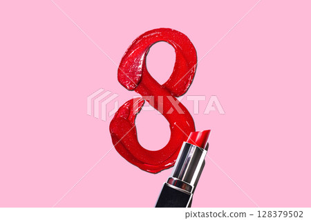 Isolated Eight shaped lipstick with red lipstick banner. 8 march happy international woman day photo 128379502