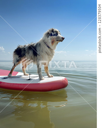Aussie Australian Shepherd dog in blue marble color floats glove SUP board in sea, vertical Aussie Australian Shepherd dog in blue marble color floats glove SUP board in sea, vertical 128379504
