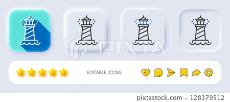 Lighthouse line icon. Neumorphic, Flat shadow, 3d buttons. Searchlight tower sign. Beacon symbol. Line lighthouse icon. Social media icons. Vector 128379512