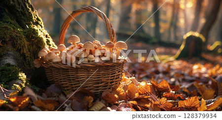 Basket filled with assorted mushrooms resting on colorful autumn leaves near a tree in a serene forest setting, showcasing nature's bounty and seasonal beauty 128379934