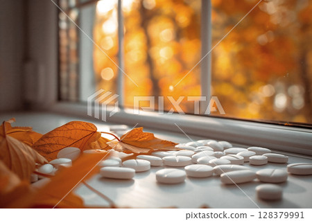 Autumn leaves and white stones are scattered on a windowsill, with a blurred background of vibrant fall foliage creating a warm, inviting atmosphere Autumn leaves and white stones are scattered on a windowsill, with a blurred background of vibrant fall foliage creating a warm, inviting atmosphere 128379991
