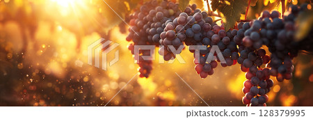 Grapes hanging from vine in a sunlit vineyard, showcasing vibrant colors and soft bokeh, creating a warm and inviting atmosphere for harvest season 128379995