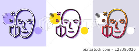 Face detection protected line icon. Halftone dotted pattern. Gradient icon with grain shadow. Secure access sign. Facial identification symbol. Line face protection icon. Various designs. Vector 128380026