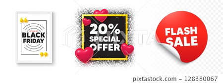 Discount photo frame 3d hearts. Flash sale sticker banner. 20 percent discount offer tag. Sale price promo sign. Special offer symbol. Black friday poster. Promo background. Vector 128380067