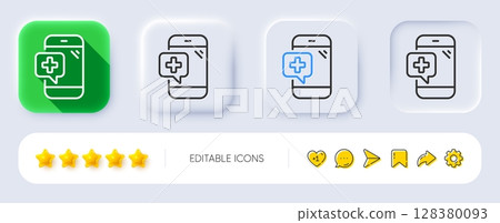 Medicine phone line icon. Neumorphic, Flat shadow, 3d buttons. Mobile medical help sign. Line medical phone icon. Social media icons. Vector 128380093