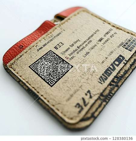 A brown leather wallet with a QR code on it A brown leather wallet with a QR code on it 128380136