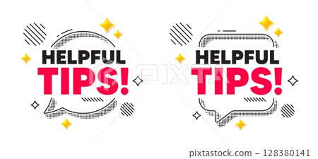 Helpful tips chat speech bubble. Social media concept. Helpful tips tag. Education faq sign. Help assistance symbol. 3d flare stars chat bubble. Vector 128380141