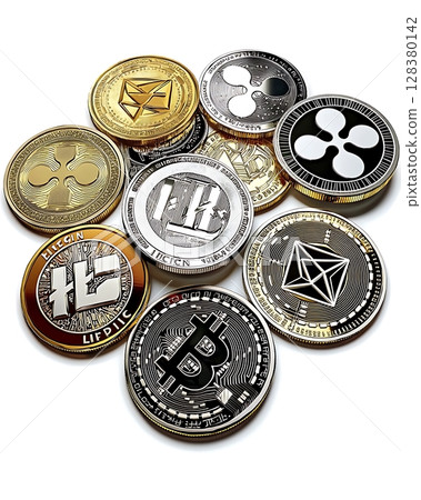 A collection of coins with different designs 128380142