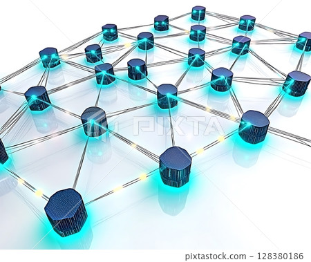 A network of blue and white spheres connected by lines 128380186
