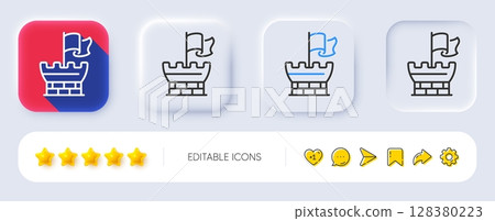 Tower line icon. Neumorphic, Flat shadow, 3d buttons. Castle flag sign. Safe defence symbol. Line shield icon. Social media icons. Vector Tower line icon. Neumorphic, Flat shadow, 3d buttons. Castle flag sign. Safe defence symbol. Line shield icon. Social media icons. Vector 128380223