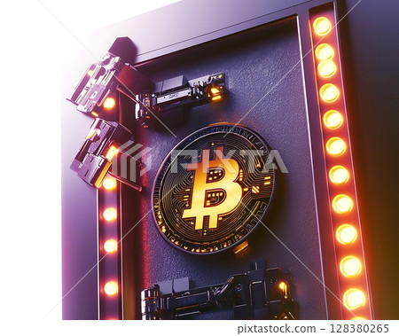 A large, glowing B is on a wall with a bunch of lights around it 128380265