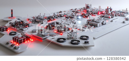 A futuristic cityscape with a large red building in the center A futuristic cityscape with a large red building in the center 128380342