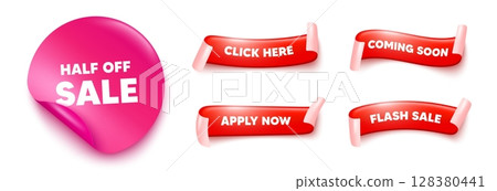 Half off sale sticker, offer ribbons. Apply now, Flash sale. Half off sale. Special offer price sign. Advertising discounts symbol. Pink sticker tag. Flag ribbon banners. Vector Half off sale sticker, offer ribbons. Apply now, Flash sale. Half off sale. Special offer price sign. Advertising discounts symbol. Pink sticker tag. Flag ribbon banners. Vector 128380441