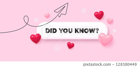 Did you know search bar. Share plane line icon. Did you know? Quiz question sign. Social media survey symbol. Search button with 3d hearts. Vector 128380449