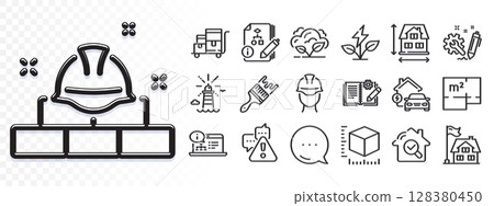 Algorithm, Engineering documentation and Building line icons for web app. Glare of light effect. Message icon. Pack of Lighthouse, Package size, Foreman pictogram icons. Vector 128380450