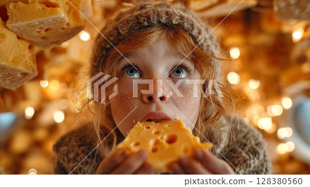 A red-haired child eats cheese, surrounded by floating cheese pieces and warm lights. 128380560