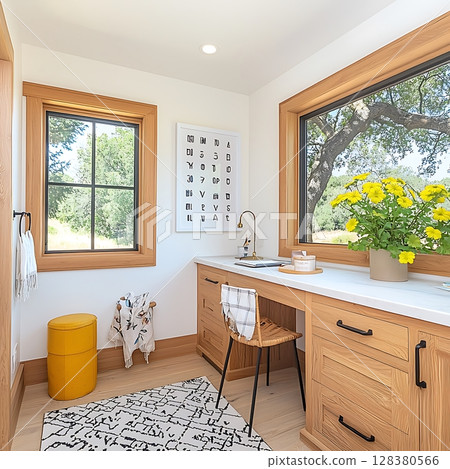 A small room with a desk and a window 128380566