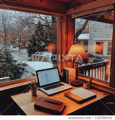 A laptop is on a desk in front of a window with a view of a snowy street 128380592