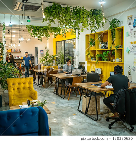 A bright yellow room with a lot of plants and people working 128380620
