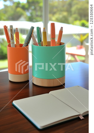 Two pens and a pencil are in a green and orange container on a desk Two pens and a pencil are in a green and orange container on a desk 128380664