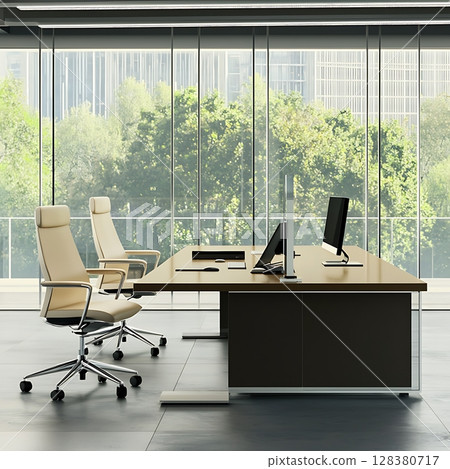 A modern office with a large window and two white chairs 128380717