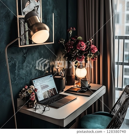 A desk with a laptop, a vase of flowers, and a lamp 128380740