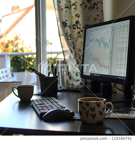 A computer monitor is on a desk with a cup of coffee next to it 128380742