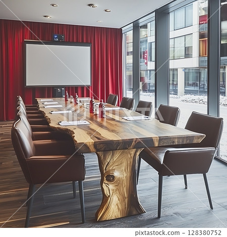 A large wooden table with a projector screen in the background 128380752