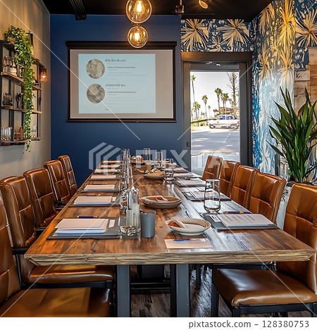 A large wooden table with a projector screen in the middle 128380753
