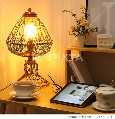 A lamp with a tea cup on a table next to a tablet A lamp with a tea cup on a table next to a tablet 128380791