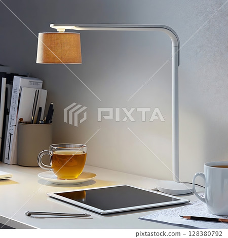 A table with a lamp, a cup of tea, and a tablet A table with a lamp, a cup of tea, and a tablet 128380792