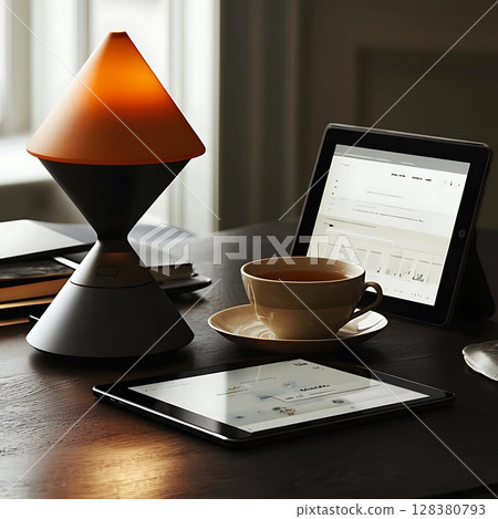 A table with a coffee cup, a laptop, and a tablet A table with a coffee cup, a laptop, and a tablet 128380793