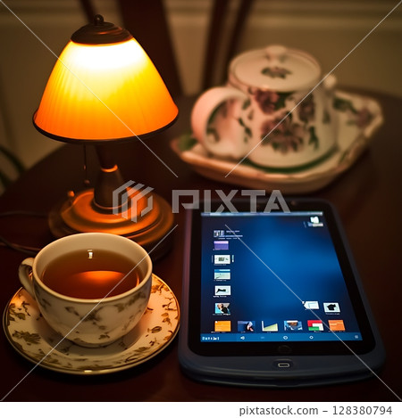 A tablet is on a table next to a cup of tea A tablet is on a table next to a cup of tea 128380794