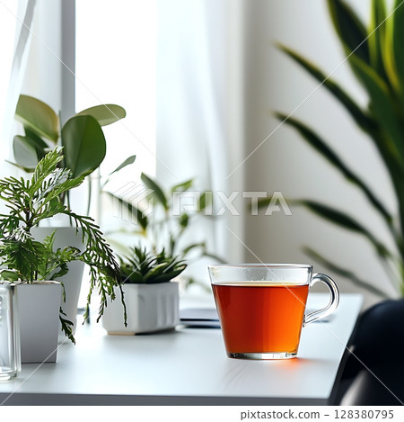 A cup of tea sits on a table next to a potted plant A cup of tea sits on a table next to a potted plant 128380795