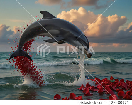 Dolphins jumping from the surface of the sea with roses floating in them 128380975