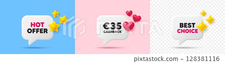 Cashback chat speech bubble. 3d stars, sparkles, hearts chat bubbles. 35 Eur cashback. Money back offer sign. Cash back promo symbol. Hot offer, best choice tag. Vector 128381116