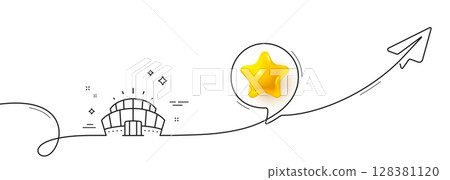 Arena stadium line icon. Continuous line with share plane. Competition building sign. Sport complex symbol. 3d star in speech bubble. Arena stadium single line ribbon. Loop curve pattern. Vector Arena stadium line icon. Continuous line with share plane. Competition building sign. Sport complex symbol. 3d star in speech bubble. Arena stadium single line ribbon. Loop curve pattern. Vector 128381120