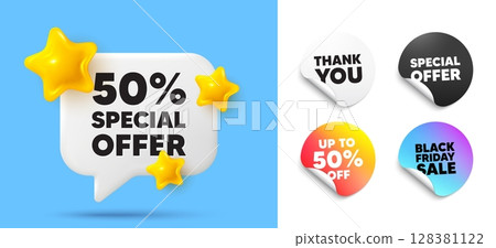 Discount speech bubble, sticker tags. Discount, Black friday stickers. 50 percent discount offer tag. Sale price promo sign. Special offer symbol. Thank you tag. 3d stars chat bubble. Vector 128381122