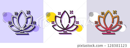 Lotus line icon. Halftone dotted pattern. Gradient icon with grain shadow. Yoga meditation flower sign. Mind relax and peace symbol. Line lotus icon. Various designs. Vector 128381123